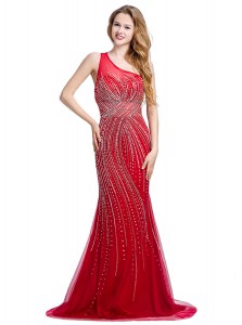 Free and Easy One Shoulder Sleeveless With Train Beading Zipper Dress for Prom with Red Brush Train