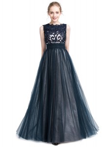 Column/Sheath Prom Party Dress Navy Blue Scalloped Tulle Sleeveless Floor Length Zipper
