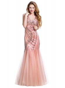 Mermaid Peach V-neck Lace Up Beading Dress for Prom Sleeveless