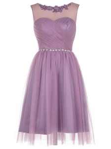 Scoop Sleeveless Knee Length Beading and Appliques Lavender Tulle