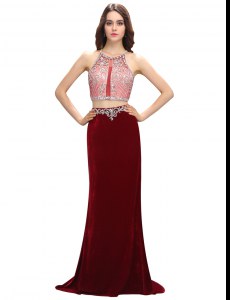Fashion Scoop Burgundy Two Pieces Beading and Appliques Homecoming Dress Criss Cross Elastic Woven Satin Sleeveless With Train