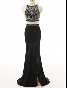 Scoop Black Sleeveless Brush Train Beading With Train Prom Evening Gown