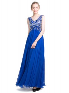 Sleeveless Chiffon Ankle Length Zipper Homecoming Dress in Royal Blue with Beading