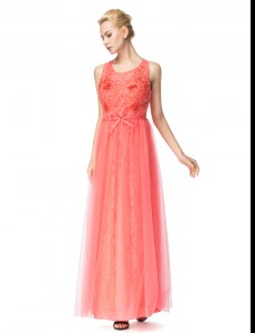 Affordable Scoop Watermelon Red Organza and Tulle Zipper Prom Party Dress Sleeveless Floor Length Beading and Bowknot