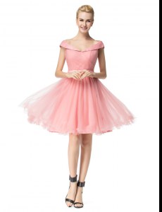 Best Selling A-line Club Wear Pink Off The Shoulder Tulle Cap Sleeves Knee Length Zipper