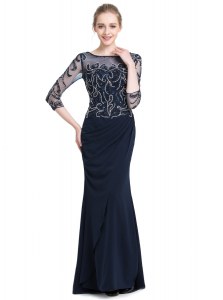Cute Floor Length Navy Blue Prom Evening Gown Chiffon 3 4 Length Sleeve Beading and Appliques