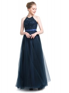 Adorable Halter Top Navy Blue Empire Beading Prom Dress Zipper Tulle Sleeveless Floor Length