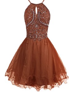 Cute Brown Zipper Halter Top Beading Cocktail Dresses Organza Sleeveless