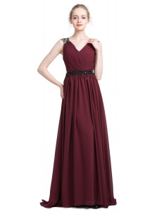 Burgundy Column/Sheath V-neck Sleeveless Chiffon With Brush Train Zipper Lace Evening Dress
