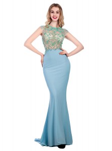 Scoop Light Blue Sleeveless Silk Like Satin Sweep Train Zipper Pageant Dress Wholesale for Prom and Party