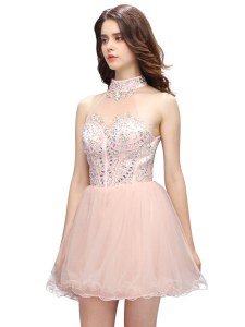 Pink High-neck Zipper Beading Cocktail Dresses Sleeveless