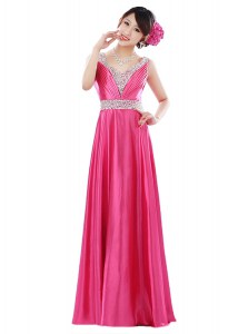 Hot Pink Sleeveless Elastic Woven Satin Zipper Prom Gown for Prom and Party