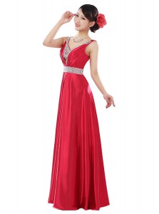 Floor Length Coral Red Prom Dresses Elastic Woven Satin Sleeveless Beading