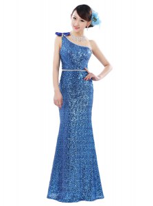 One Shoulder Floor Length Zipper Prom Dresses Blue for Prom and Party with Sequins