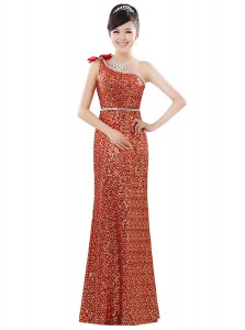 Elegant Orange Prom Dress Prom and Party and For with Beading and Sequins One Shoulder Sleeveless Zipper