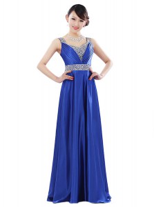 Sleeveless Floor Length Beading Zipper Prom Party Dress with Royal Blue