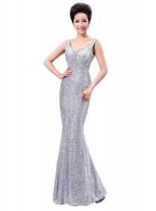 Stylish V-neck Sleeveless Evening Dress Floor Length Sequins Silver Sequined