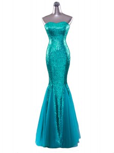 Stunning Mermaid Turquoise Zipper Strapless Sequins Prom Evening Gown Sequined Sleeveless