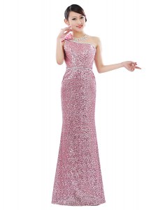 Gorgeous Sequined One Shoulder Sleeveless Zipper Sequins Prom Gown in Pink