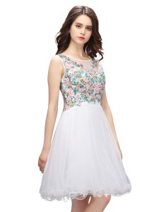 White A-line Organza Scoop Sleeveless Beading and Embroidery Mini Length Zipper Cocktail Dresses