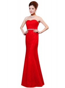 Enchanting Sleeveless Lace Floor Length Zipper Prom Dress in Red with Beading and Lace