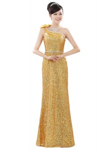 One Shoulder Gold Zipper Prom Dresses Beading and Sequins Sleeveless Floor Length