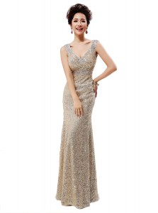 Sequins V-neck Sleeveless Zipper Prom Dress Champagne Sequined