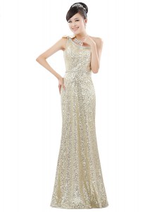 Noble One Shoulder Sequins Floor Length Column/Sheath Sleeveless Champagne Dress for Prom Zipper