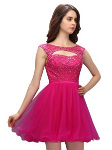 Sleeveless Organza Mini Length Zipper Cocktail Dresses in Fuchsia with Beading and Appliques