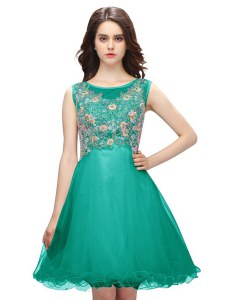 Fabulous Scoop Sleeveless Cocktail Dress Mini Length Embroidery Turquoise Organza