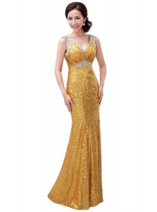 Exceptional Gold Prom Dresses Prom and Party and For with Sequins V-neck Sleeveless Zipper