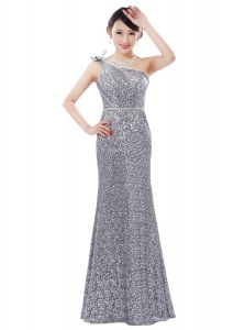 New Style Silver Sequined Zipper One Shoulder Sleeveless Floor Length Prom Dresses Sequins