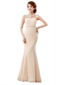 Luxury Peach Sleeveless Lace Zipper Prom Gown