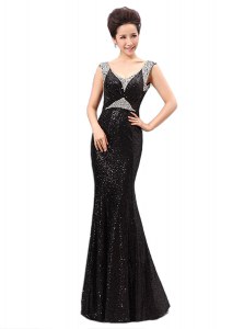 Ideal Floor Length Black Prom Dress Sequined Sleeveless Sequins