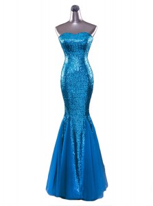 Blue Mermaid Sequined Strapless Sleeveless Sequins Floor Length Zipper Prom Dresses