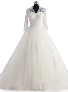 Sumptuous With Train Zipper Wedding Gown White for Wedding Party with Appliques Brush Train