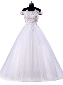 On Sale White A-line Off The Shoulder Sleeveless Tulle Floor Length Lace Up Appliques Wedding Dress