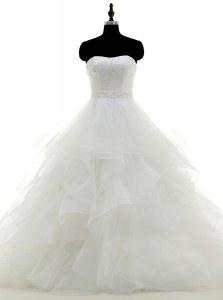 Charming Sleeveless Organza Floor Length Clasp Handle Bridal Gown in White with Beading and Ruffles