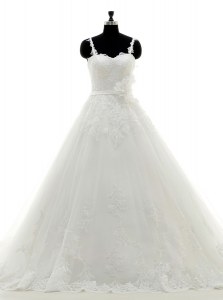 Sleeveless Tulle With Brush Train Side Zipper Wedding Gown in White with Lace and Appliques and Hand Made Flower