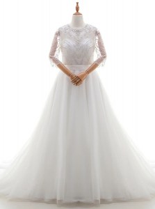 Decent Scoop Organza 3 4 Length Sleeve With Train Wedding Dress Brush Train and Beading and Lace