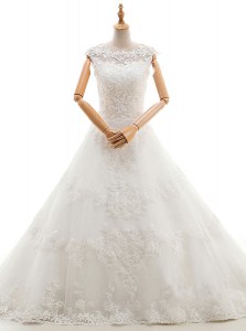 White A-line Tulle Scoop Sleeveless Appliques With Train Clasp Handle Wedding Gown Brush Train