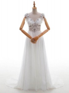 White V-neck Side Zipper Beading and Bowknot Wedding Gown Chapel Train Cap Sleeves