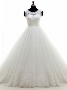 High Quality White A-line Tulle Scoop Sleeveless Lace With Train Clasp Handle Wedding Dress