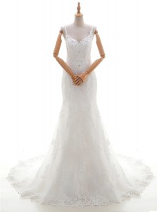 Sleeveless With Train Beading and Lace and Appliques Criss Cross Wedding Dresses with White Brush Train
