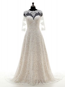 Beauteous Scoop Lace With Train Empire 3 4 Length Sleeve Champagne Wedding Dresses Court Train Clasp Handle