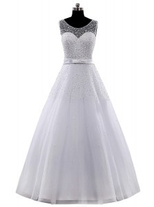 Scoop White A-line Beading and Belt Bridal Gown Clasp Handle Tulle Sleeveless Floor Length