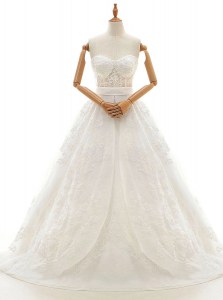 With Train White Wedding Gown Organza Court Train Sleeveless Lace and Appliques and Bowknot