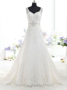 High Quality White Backless Wedding Gown Beading and Lace Sleeveless With Brush Train