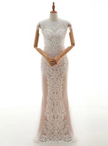 Popular Cap Sleeves Floor Length Lace Zipper Wedding Gowns with Champagne