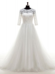 Hot Sale Scoop With Train White Wedding Dress Tulle Brush Train Half Sleeves Lace